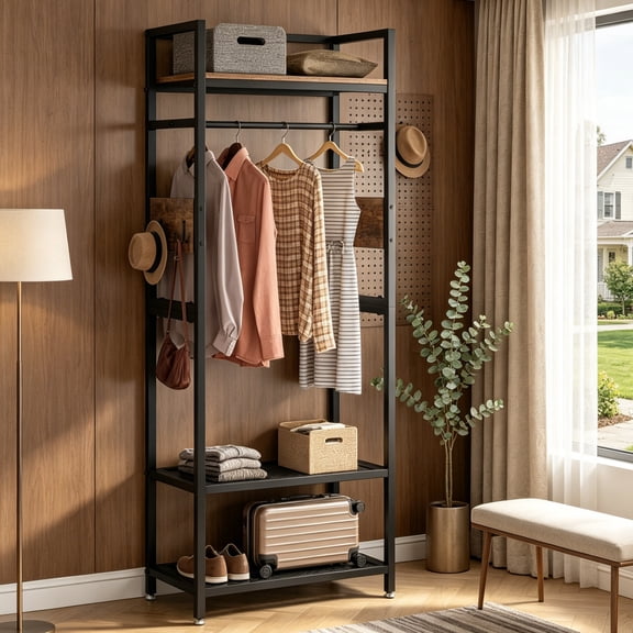 Fnova Clothes Rack with Shelf and Hanging Rod, Freestanding Closet Organizer, Industrial Hall Tree Garments Rack for Small Space, Bedroom