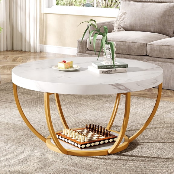 Fnova Coffee Table with 2 - Tier Storage, 32" Round Coffee Table with Metal Legs, Modern Rustic Style Center Table for Living Room, White and Gold