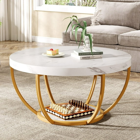 Fnova Coffee Table with 2 - Tier Storage, 32" Round Coffee Table with Metal Legs, Modern Rustic Style Center Table for Living Room, White and Gold