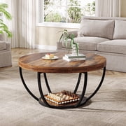 Fnova Coffee Table with 2 - Tier Storage, 32" Round Wood Coffee Table with Metal Legs, Modern Rustic Style Center Table