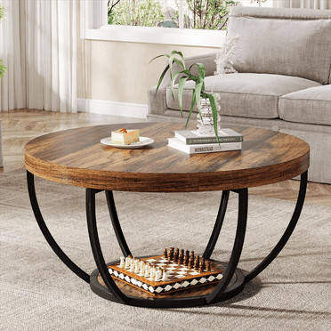 Fnova Coffee Table with 2 - Tier Storage, 32" Round Wood Coffee Table with Metal Legs, Modern Rustic Style Center Table for Living Room, Dark Brown and Black