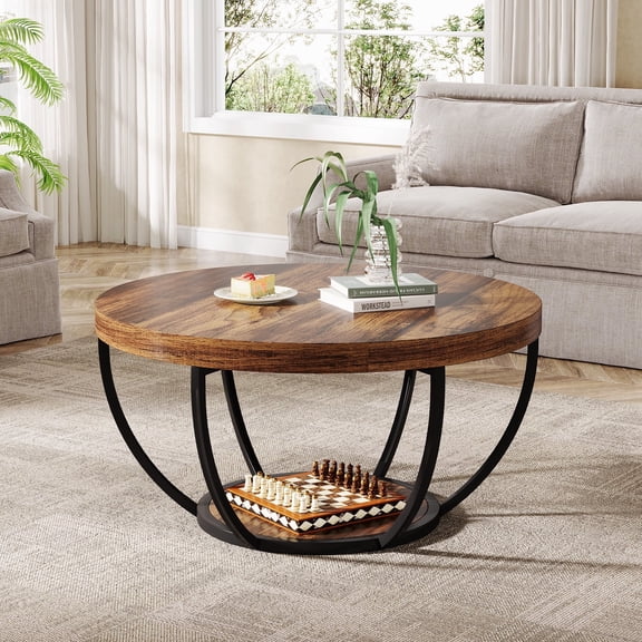 Fnova Coffee Table with 2 - Tier Storage, 32" Round Wood Coffee Table with Metal Legs, Modern Rustic Style Center Table for Living Room, Dark Brown and Black
