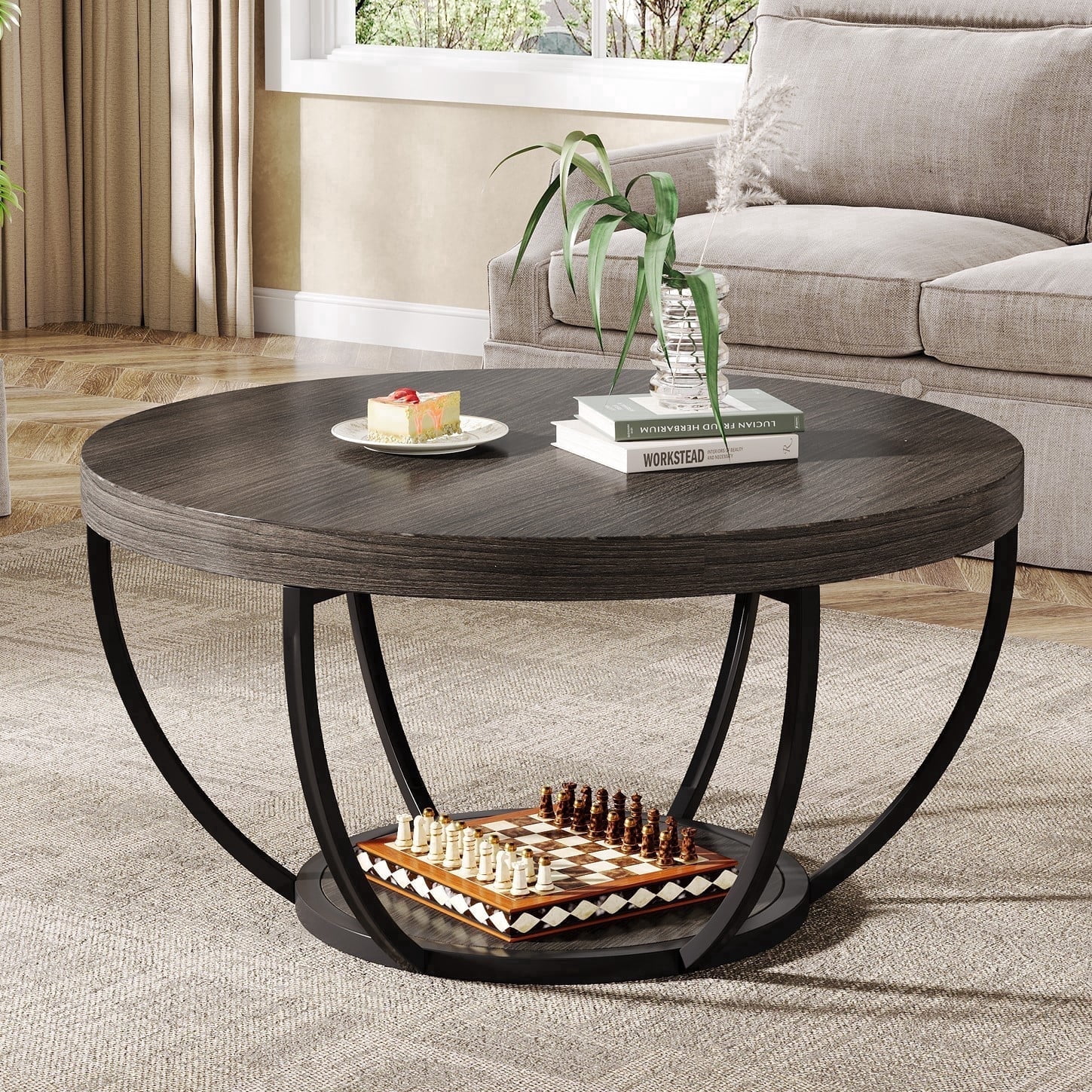 Fnova Coffee Table with 2 - Tier Storage, 32" Round Wood Coffee Table with Metal Legs, Modern Rustic Style Center Table for Living Room, Dark Gray and Black