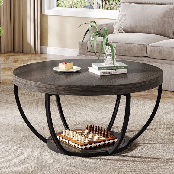 Fnova Coffee Table with 2 - Tier Storage, 32" Round Wood Coffee Table with Metal Legs, Modern Rustic Style Center Table for Living Room, Dark Gray and Black