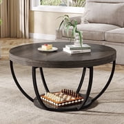 Fnova Coffee Table with 2 - Tier Storage, 32" Round Wood Coffee Table with Metal Legs, Modern Rustic Style Center Table