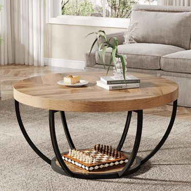 Lantine Coffee Table with 2 - Tier Storage, 32" Round Wood Coffee Table with Metal Legs, Modern Rustic Style Center Table for Living Room, Warm Brown and Black