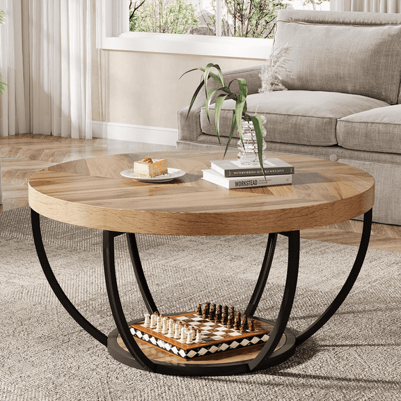 Fnova Coffee Table with 2 - Tier Storage, 32" Round Wood Coffee Table with Metal Legs, Modern Rustic Style Center Table for Living Room, Warm Brown and Black