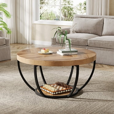 Lantine Coffee Table with 2 - Tier Storage, 32" Round Wood Coffee Table with Metal Legs, Modern Rustic Style Center Table for Living Room, Warm Brown and Black
