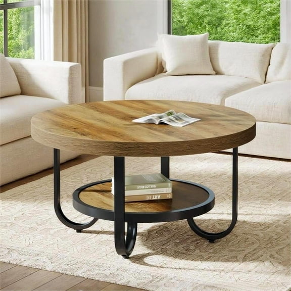 Fnova Coffee Table with 2-Tier Storage, 31" Round Wood Coffee Table with Metal Legs, Modern Rustic Style Center Table for Living Room