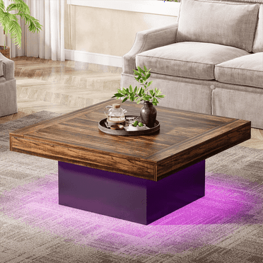 Fnova 36" Farmhouse Coffee Table with LED Lights, Rustic Wood Coffee Table for Living Room, Dark Brown and Black