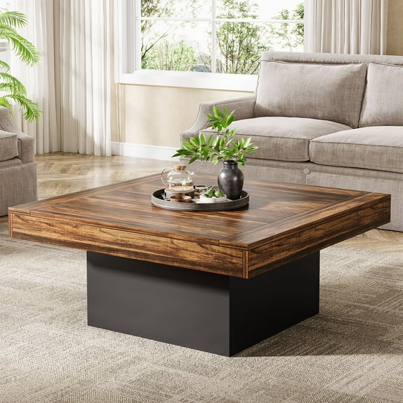 Fnova 36" Farmhouse Coffee Table with LED Lights, Rustic Wood Coffee Table for Living Room, Dark Brown and Black