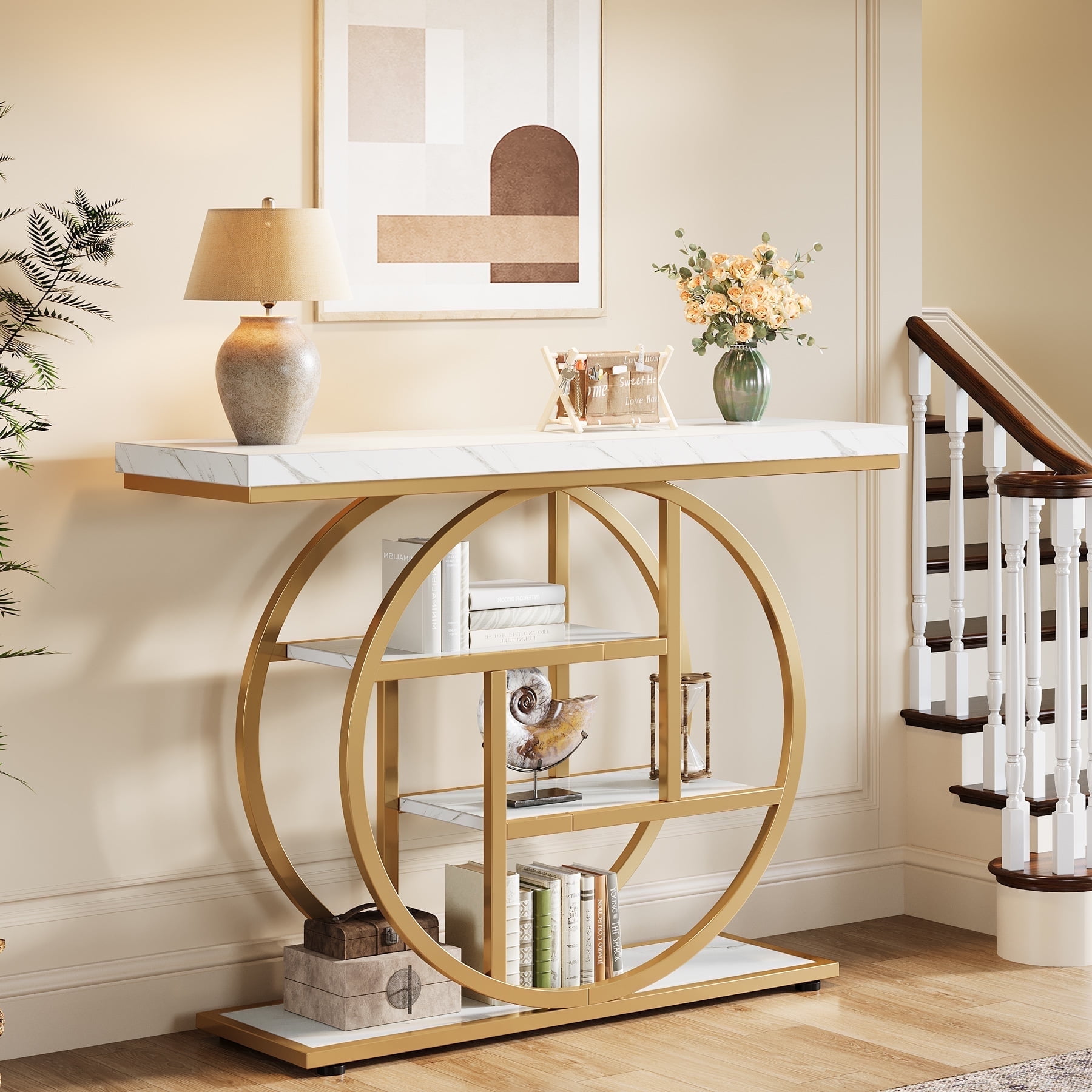 Fnova Console Table, Entryway Table with 4-Tier Storage Shelves, 42" Wood Modern Narrow Long Side Table, , Sofa Table, Accent Table for Living Room, Entryway, Hallway, White and Gold