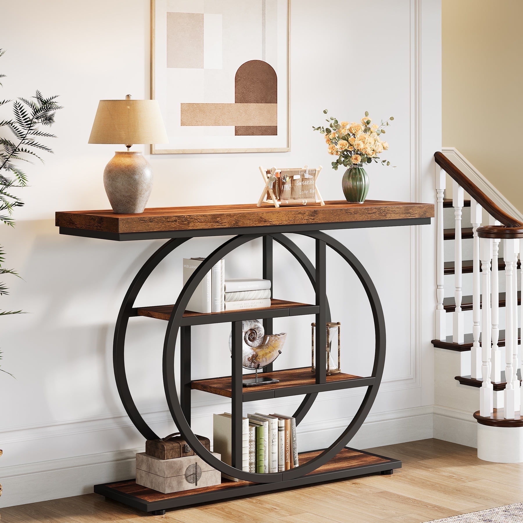 Fnova Console Table, Entryway Table with 4-Tier Storage Shelves, 42" Wood Modern Narrow Long Side Table, , Sofa Table, Accent Table for Living Room, Entryway, Hallway, Dark Brown and Black