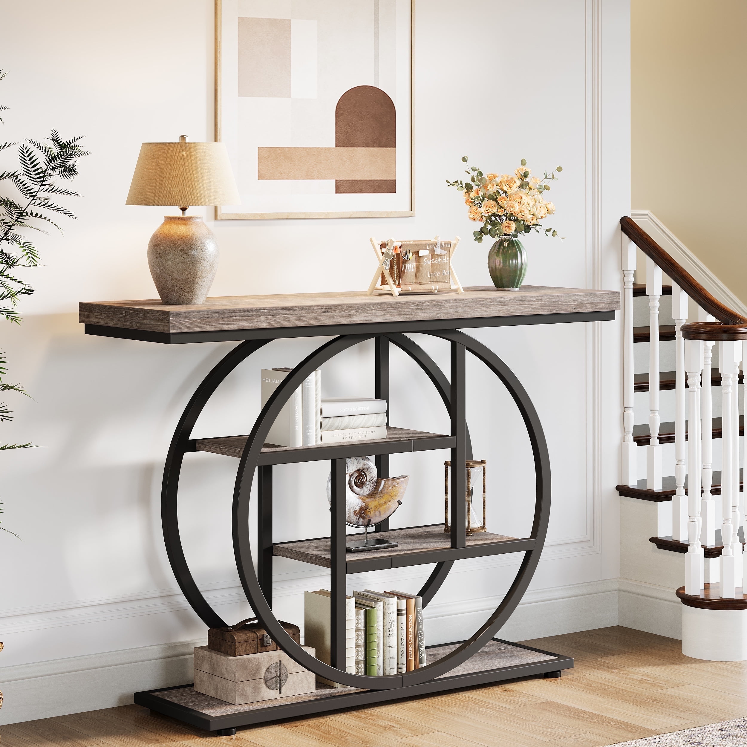 Fnova Console Table, Entryway Table with 4-Tier Storage Shelves, 42" Wood Modern Narrow Long Side Table, , Sofa Table, Accent Table for Living Room, Entryway, Hallway, Gray and Black
