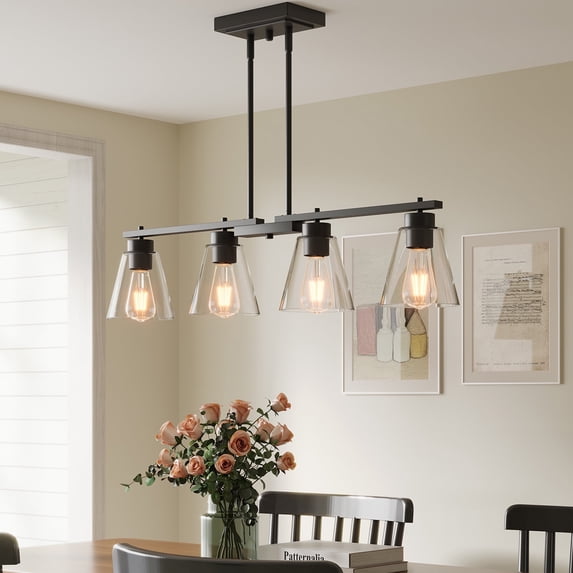 Fnova Dining Room Light Fixture, 4-Light Kitchen Island Lighting Chandeliers, Black Metal Pendant Lighting with Adjustable Height and Clear Glass Shade for Dining Table Kitchen Island Living Room