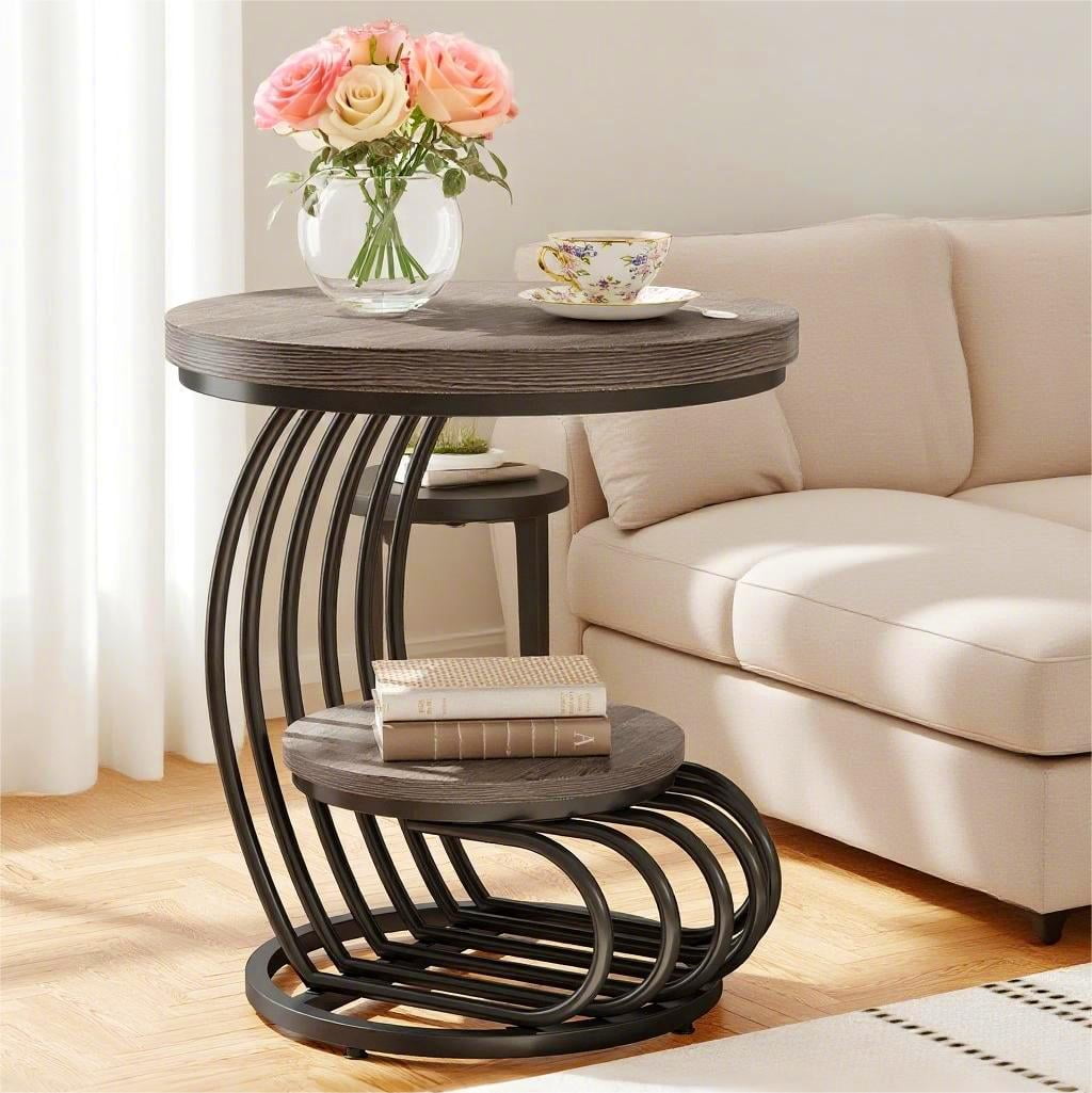 Fnova End Table Modern Wood Narrow Farmhouse Side Tables with Storage Shelf for Living Room, Bedroom, Nightstand
