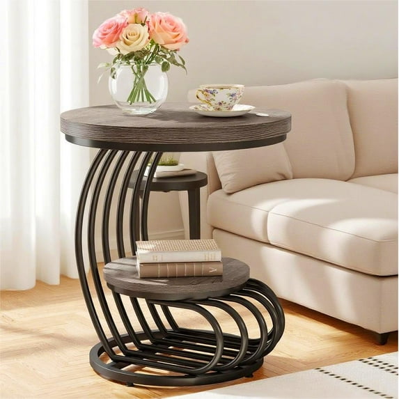 Fnova End Table Modern Wood Narrow Farmhouse Side Tables with Storage Shelf for Living Room, Bedroom, Nightstand