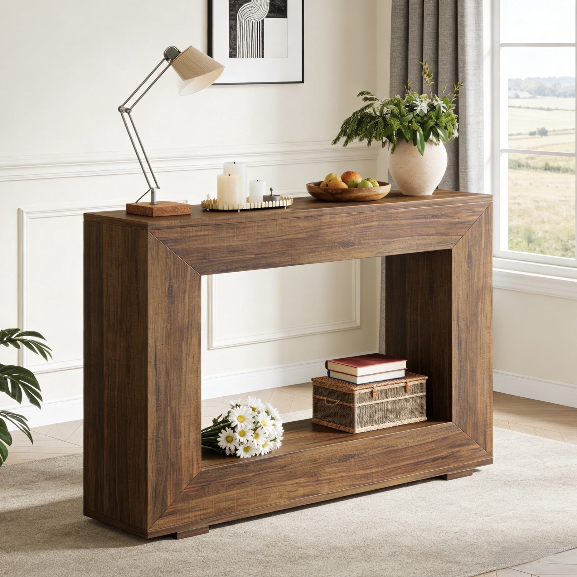 Fnova Farmhouse Console Table for Entryway, 47.2" Long Narrow Wood Entryway Table, Easy Assembly, Dark Brown