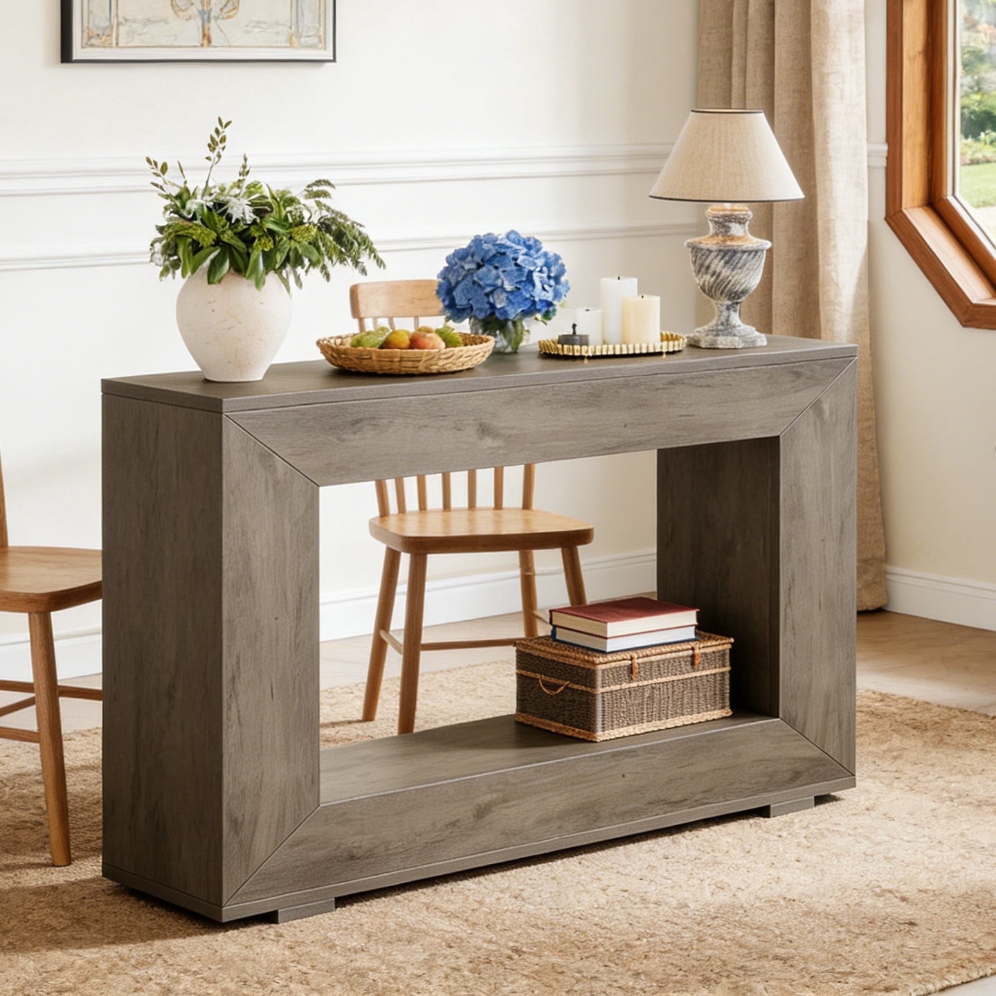 Fnova Farmhouse Console Table for Entryway, 47.2" Long Narrow Wood Entryway Table, Easy Assembly, Light Gray
