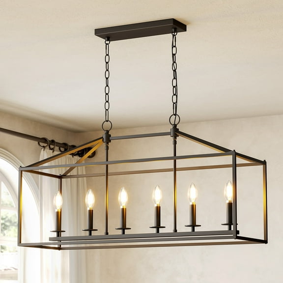 Fnova Farmhouse Dining Room Light Fixtures Over Table, 6-Light Candle Holder Kitchen Island Pendant Lighting, Industrial Linear Chandelier Pendant Lights with Adjustable Iron Chain, Black