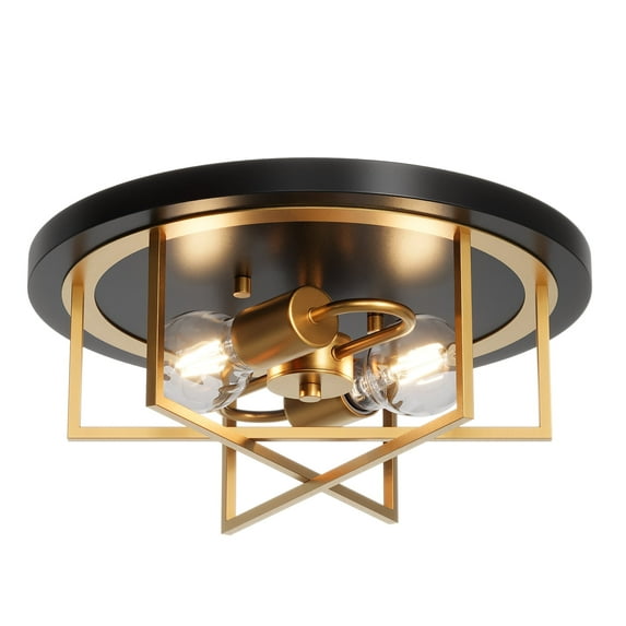 Fnova Metal Flush Mount Ceiling Light Fixtures, 2-Light Ceiling Mount for Farmhouse with Gold Lines Design, Industrial Kitchen Ceiling Light, E26 Bulbs, Hallway, Entryway and Foyer