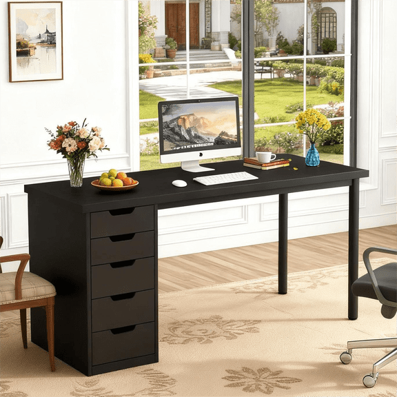 Fnova Modern Computer Desk with 5 Drawers, 47.24" Home Office Desk, Black