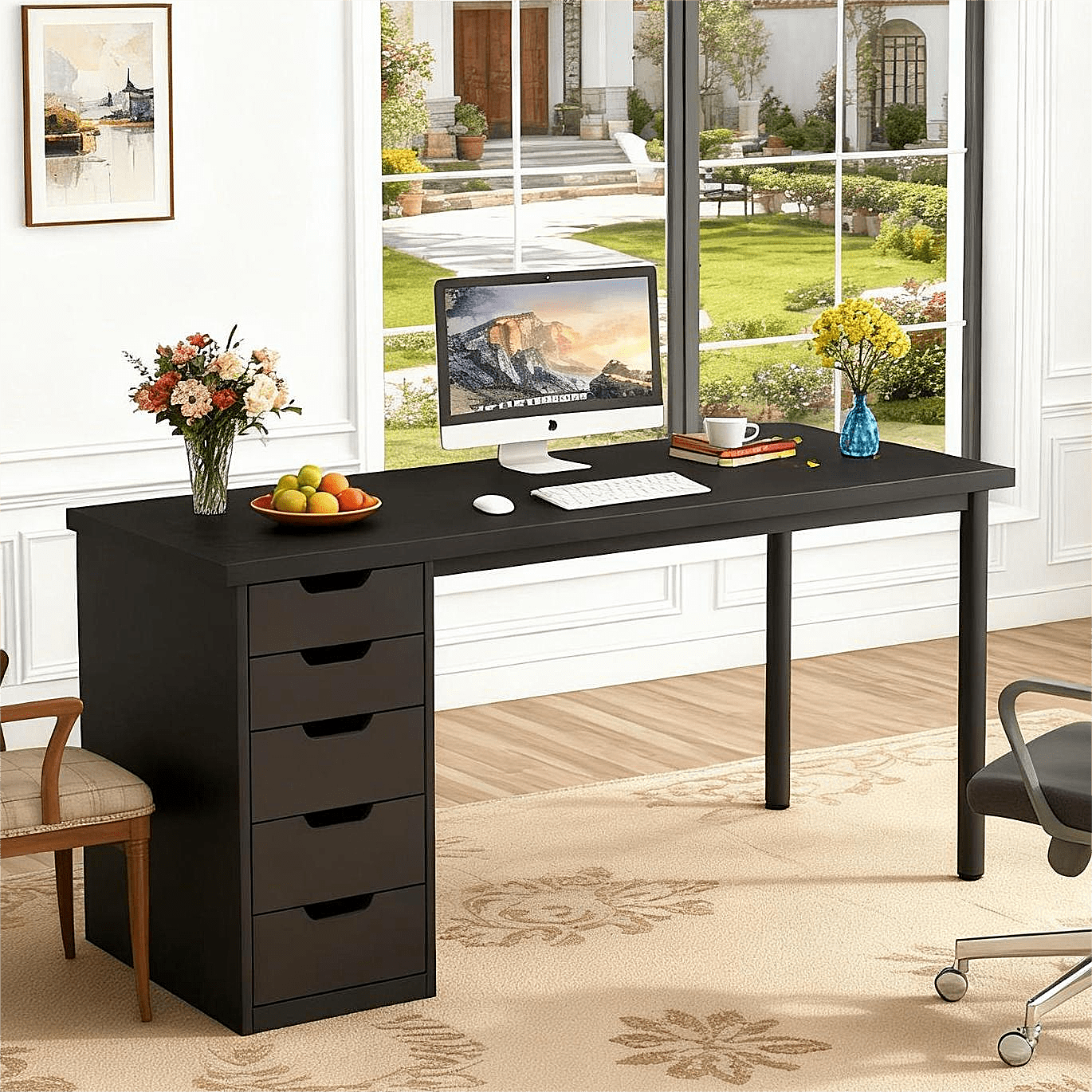 Fnova 47.24" Computer Desk with 5 Drawers, Reversible File Cabinet, Writing Workstation for Home Office Bedroom Study Makeup Vanity Desk Furniture