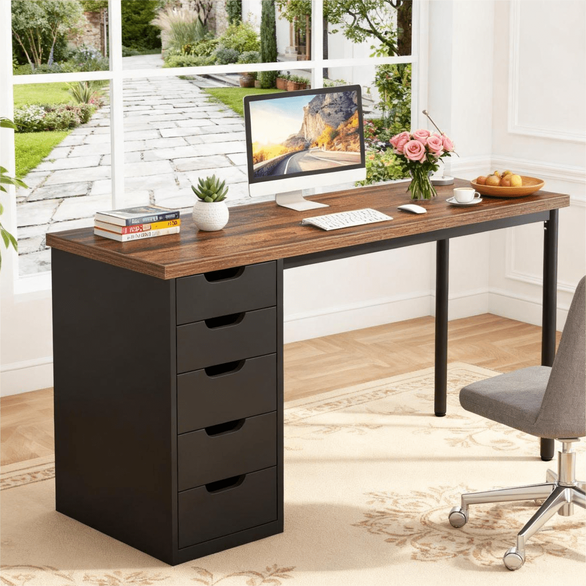 Fnova 47.24" Computer Desk with 5 Drawers, Reversible File Cabinet, Writing Workstation for Home Office Bedroom Study Makeup Vanity Desk Furniture
