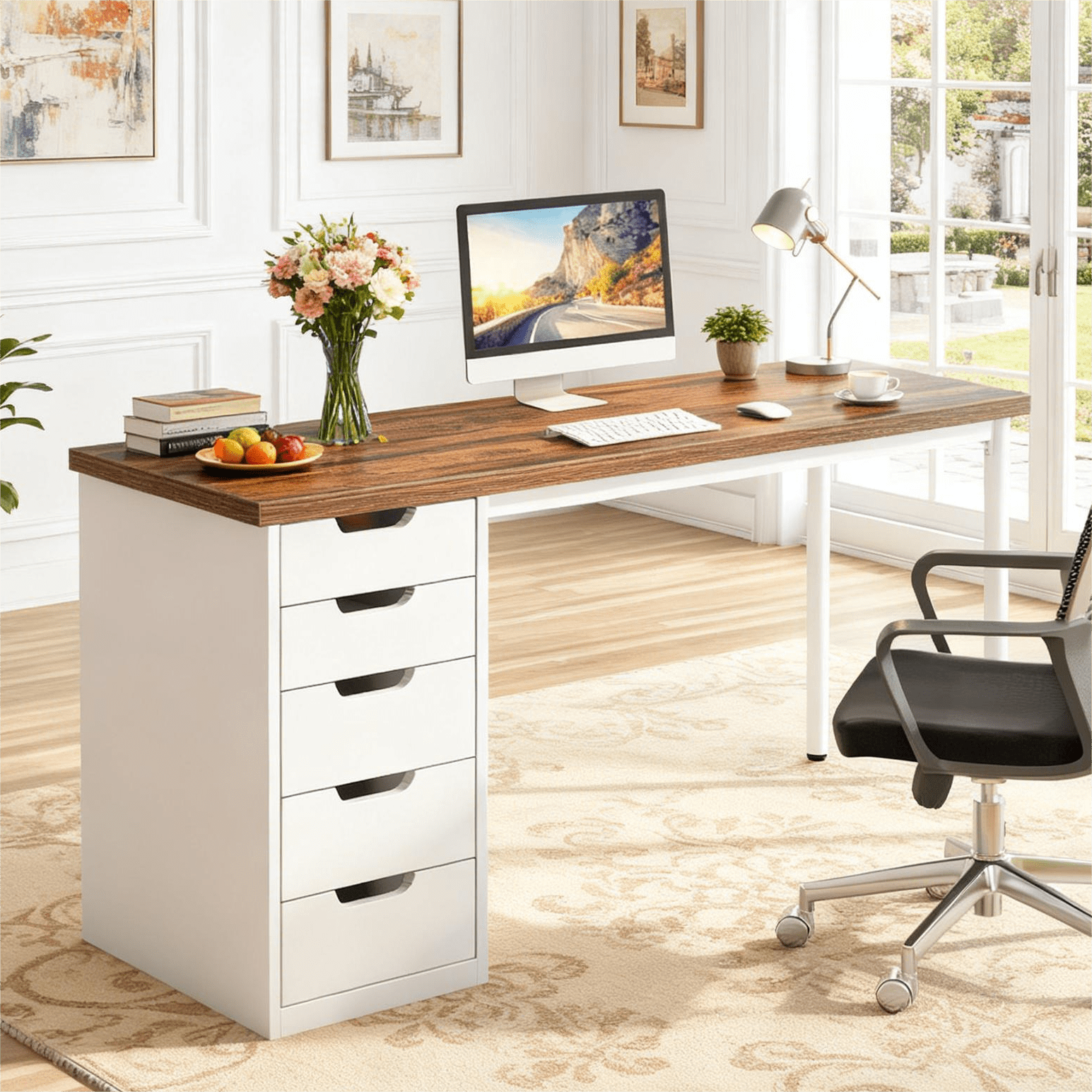 Fnova 47.24" Computer Desk with 5 Drawers, Reversible File Cabinet, Writing Workstation for Home Office Bedroom Study Makeup Vanity Desk Furniture