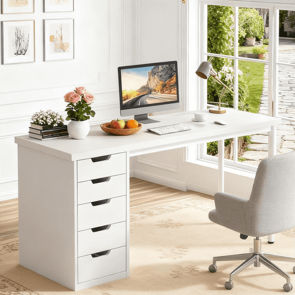 Fnova Modern Computer Desk with 5 Drawers, 47.24" Home Office Desk, White