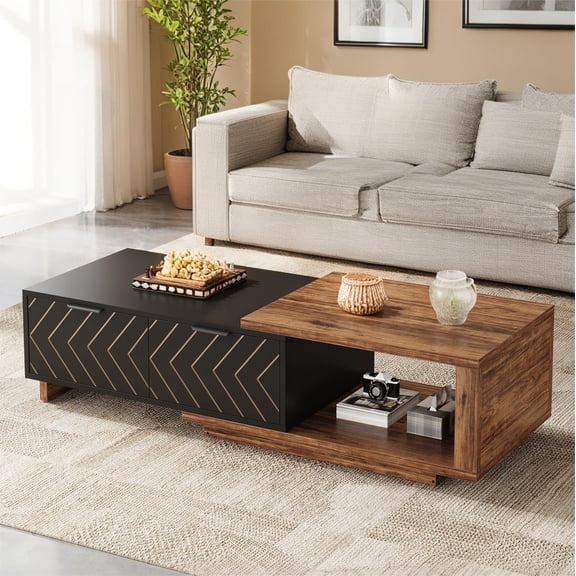 Fnova Modern Extendable Coffee Table with 2 Drawers, 42"-65" Expandable Wood Coffee Table for Living Room, Brown and Black