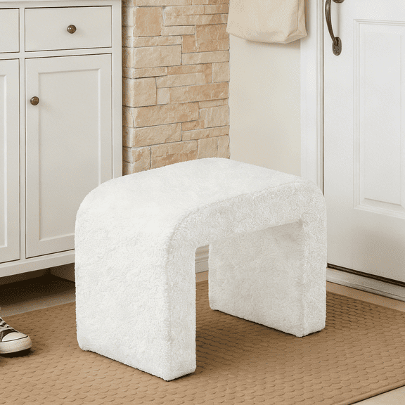 Fnova Modern Vanity Stool, Upholstered Ottoman with Faux Cashmere Fabric, Arched Footstool Sofa Footrest Dressing Chair Shoe Stool for Entryway, Bedroom, Living Room, Fully Assembled, White