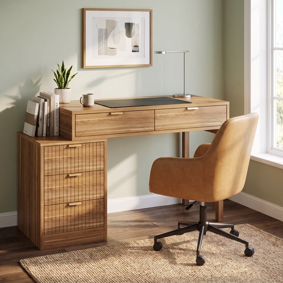 Fnova Reversible Computer Desk with 5 Large Drawers, 39.37" Home Office Writing Desk, Vanity Desk, Brown