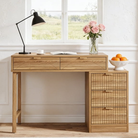 Fnova Reversible Computer Desk with 5 Large Drawers, 39.37" Home Office Writing Desk, Vanity Desk, Brown