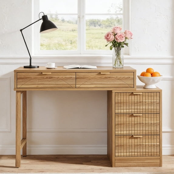 Fnova Reversible Computer Desk with 5 Large Drawers, 39.37" Home Office Writing Desk, Vanity Desk, Brown