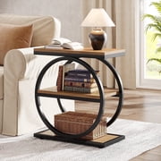 Fnova Side Table with Circular Metal Frame, End Table with 3-Tier Shelves for Living Room, Brown