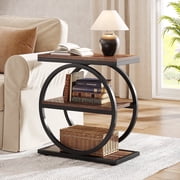 Fnova Side Table with Circular Metal Frame, End Table with 3-Tier Shelves for Living Room, Dark Brown