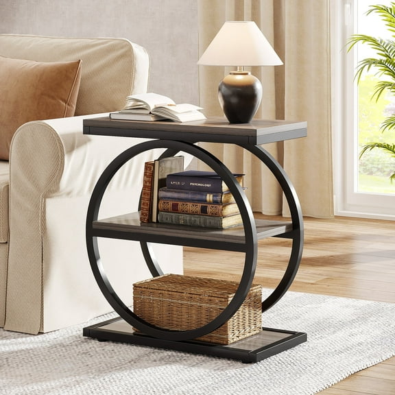 Fnova Side Table with Circular Metal Frame, End Table with 3-Tier Shelves for Living Room, Gray