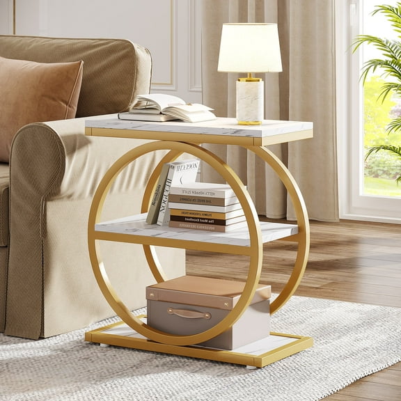Fnova Side Table with Circular Metal Frame, End Table with 3-Tier Shelves for Living Room, White Gold