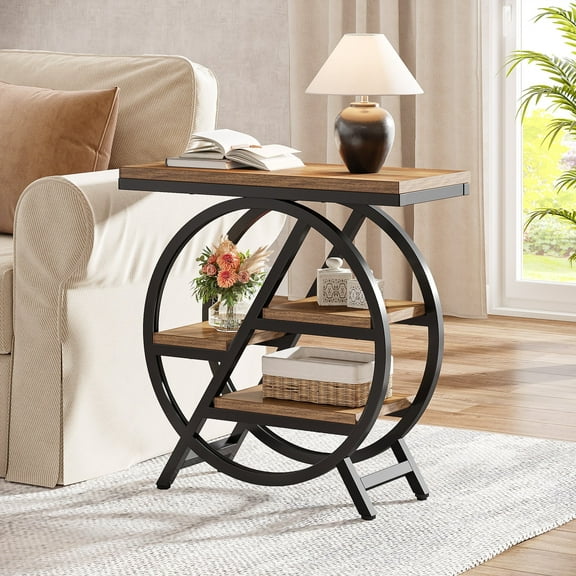 Fnova Side Table with Circular Metal Frame, End Table with 4-Tier Shelves for Living Room, Brown