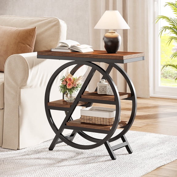 Fnova Side Table with Circular Metal Frame, End Table with 4-Tier Shelves for Living Room, Rustic Brown