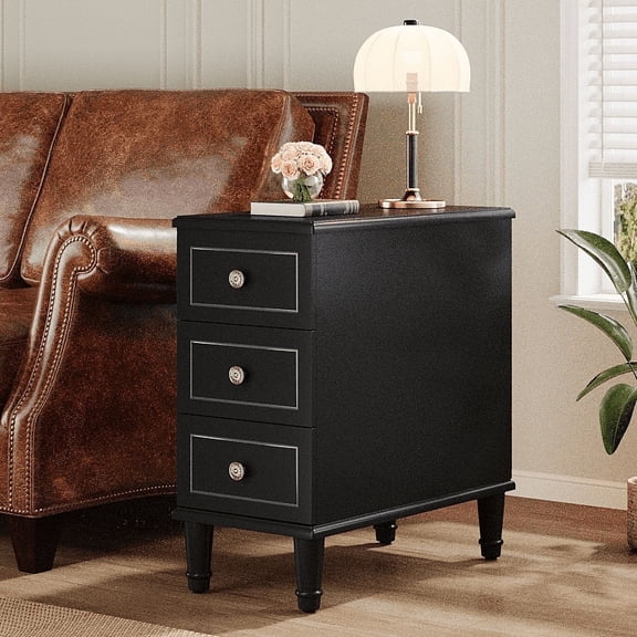 Fnova Side Tables with 3 Drawers, No Assembly Required, Narrow End Tables for Living Room, Nightstand Bedside Table for Bedroom, Black