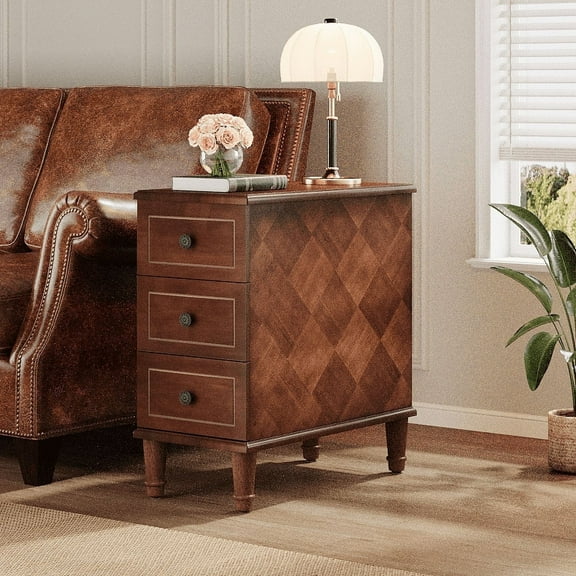 Fnova Side Tables with 3 Drawers, No Assembly Required, Narrow End Tables for Living Room, Nightstand Bedside Table for Bedroom, Walnut