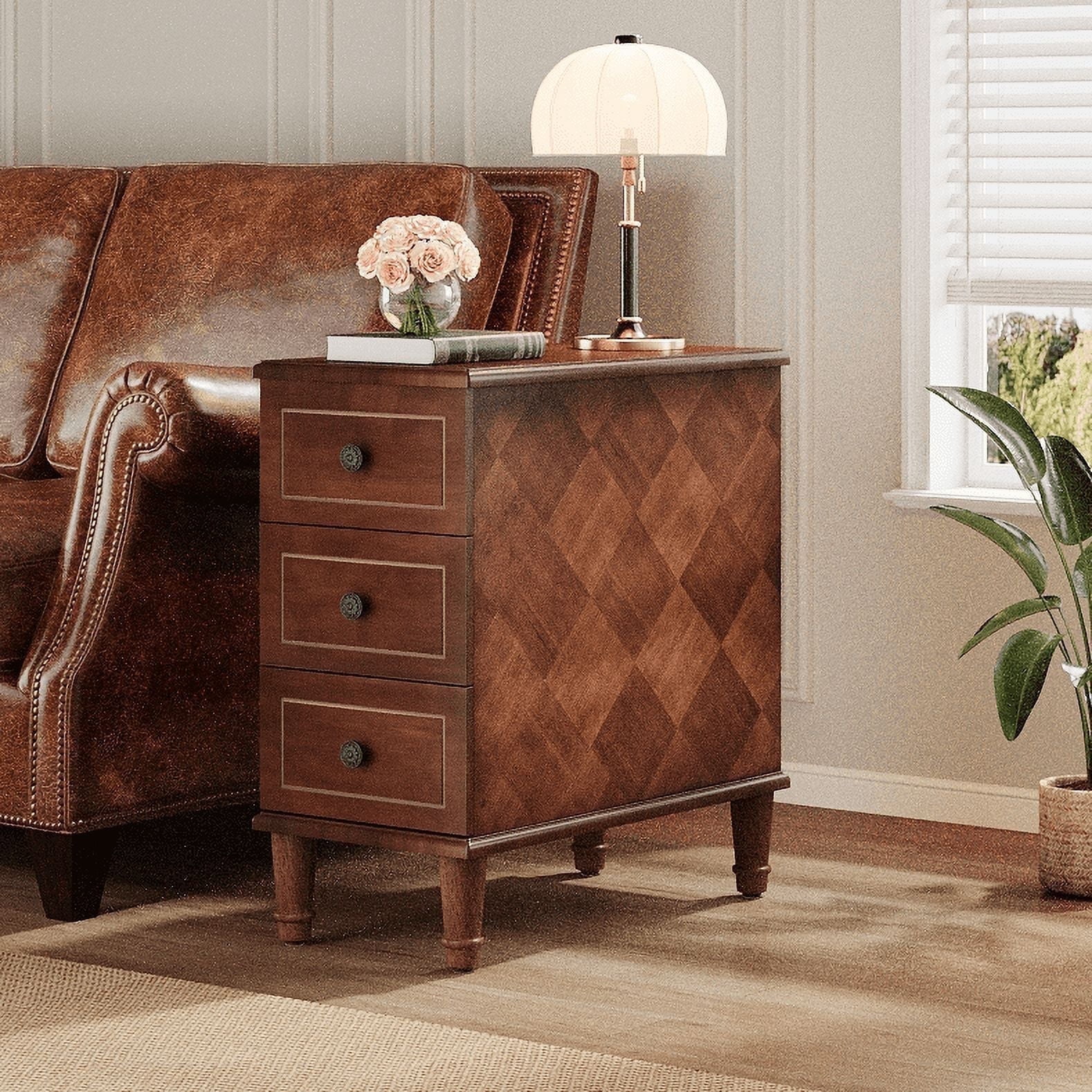 Fnova Side Tables with 3 Drawers, No Assembly Required, Narrow End Tables for Living Room, Nightstand Bedside Table for Bedroom, Walnut