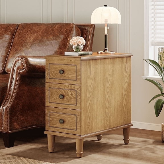 Fnova Side Tables with 3 Drawers, No Assembly Required, Narrow End Tables for Living Room, Nightstand Bedside Table for Bedroom, Woodtone