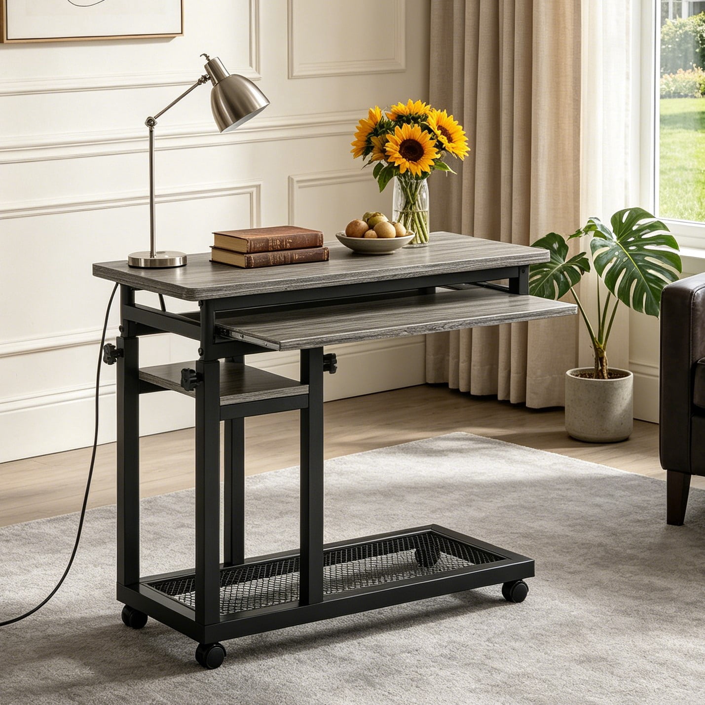 Fnova Small Portable Desk with Charging Station, Height Adjustable Mobile Desk with 4 Wheels, USB Ports & Power Outlet, Rolling Computer Cart, C Side Table for Sofa Couch Bedside, Gray