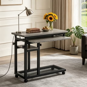 Fnova Small Portable Desk with Charging Station, Height Adjustable Mobile Desk with 4 Wheels, USB Ports & Power Outlet, Rolling Computer Cart, C Side Table for Sofa Couch Bedside, Gray