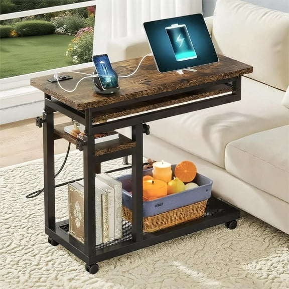 Fnova Small Portable Desk with Charging Station, Height Adjustable Mobile Desk with 4 Wheels, USB Ports & Power Outlet, Rolling Computer Cart, C Side Table for Sofa Couch Bedside, Brown