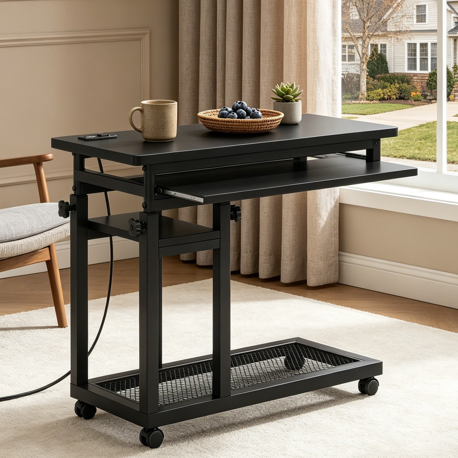 Fnova Small Portable Desk with Charging Station, Height Adjustable Mobile Desk with 4 Wheels, USB Ports & Power Outlet, Rolling Computer Cart, C Side Table for Sofa Couch Bedside, Black
