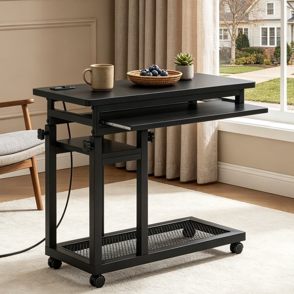 Fnova Small Portable Desk with Charging Station, Height Adjustable Mobile Desk with 4 Wheels, USB Ports & Power Outlet, Rolling Computer Cart, C Side Table for Sofa Couch Bedside, Black